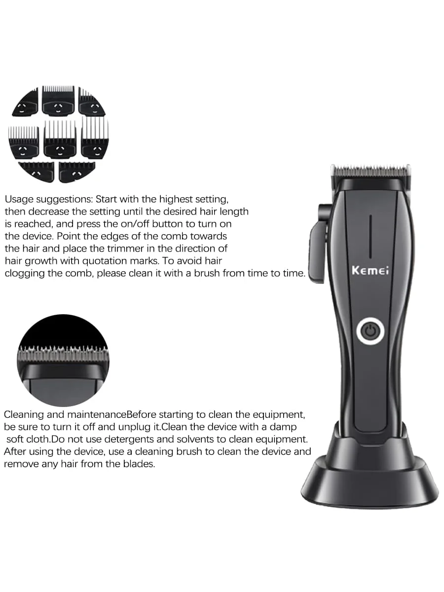 KEMEI Advanced Customized Barber KM-2286, comes with a charging base that is ready to use and comes with a blade adjustment