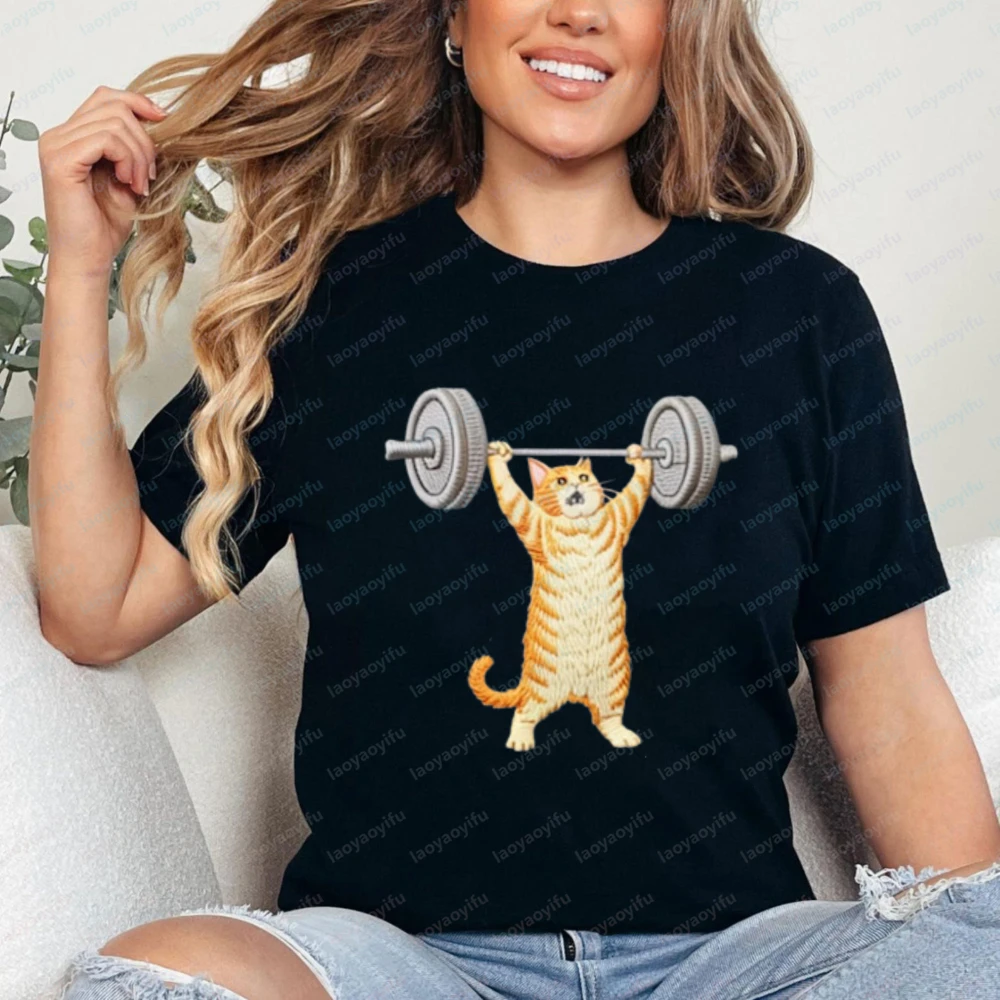 Cute Orange Tabby Lifting Barbell Print Casual Tops Trend Kawaii Gym Apparelworkout T-shirt for Women Unisex Cat Lover Gift