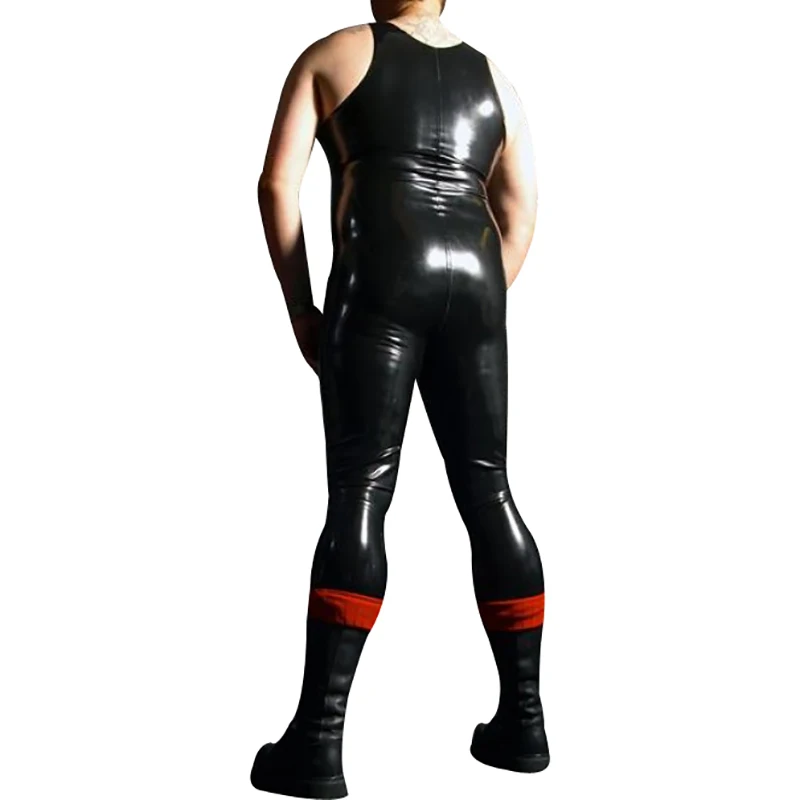 Black And Red Sexy Sleeveless Latex Vest Catsuit With Codpiece Without Zipper Round Collar Hole Rubber Tank Jumpsuits Zentai 265