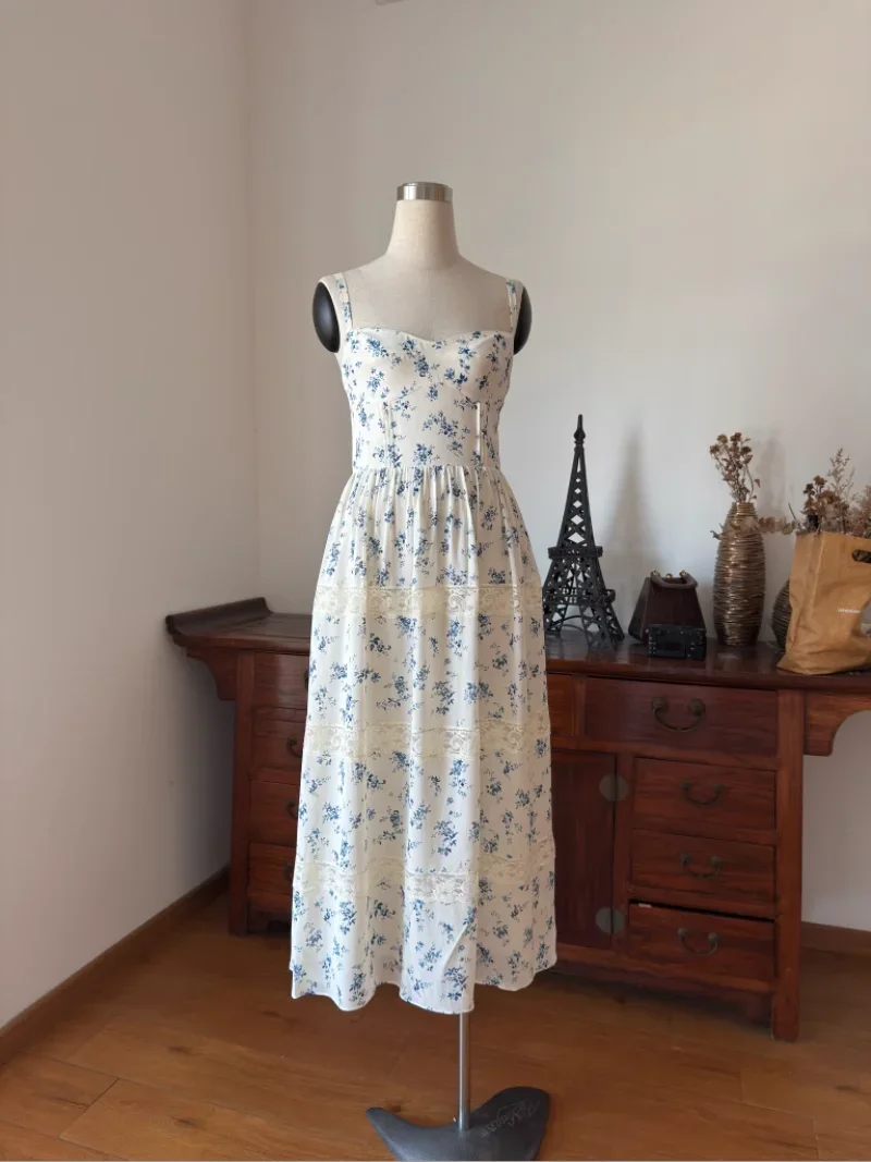 Women Lace Embroidery Patchwork Sling Robe Square Collar Sleeveless High Waist Elegant Slim Midi Dress