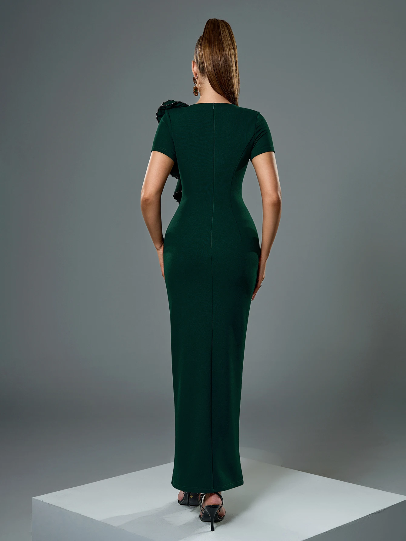 UNITHORSE جولة الرقبة قصيرة الأكمام مزين الأزهار 3D الدانتيل هملين سليم صالح ثوب أنيق مفتوح سبليت مساء اللباس #4