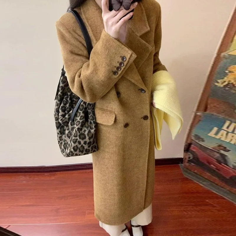 Autumn Winter Loose Women's Woolen Coat Mid-length Retro Adding Cotton Thick Popular Woolen Coat Collar Double Breasted Buckle