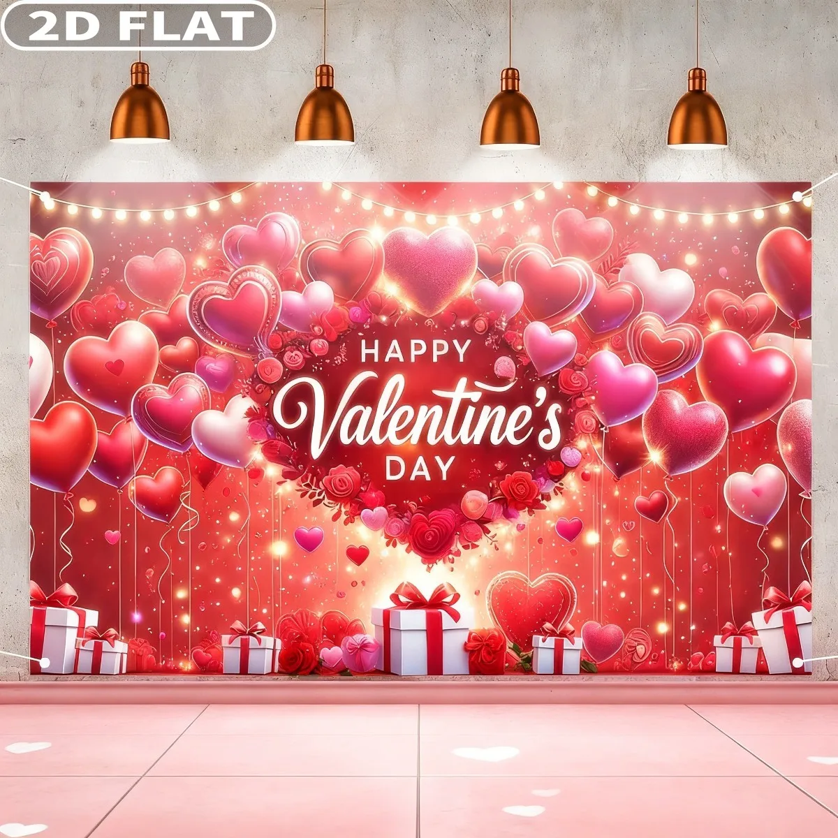 

1pc Happy Valentines Day Party Banner Background with Grommets & Ribbon, Polyester Glowing Love Valentine's Day Banner 71x43inch