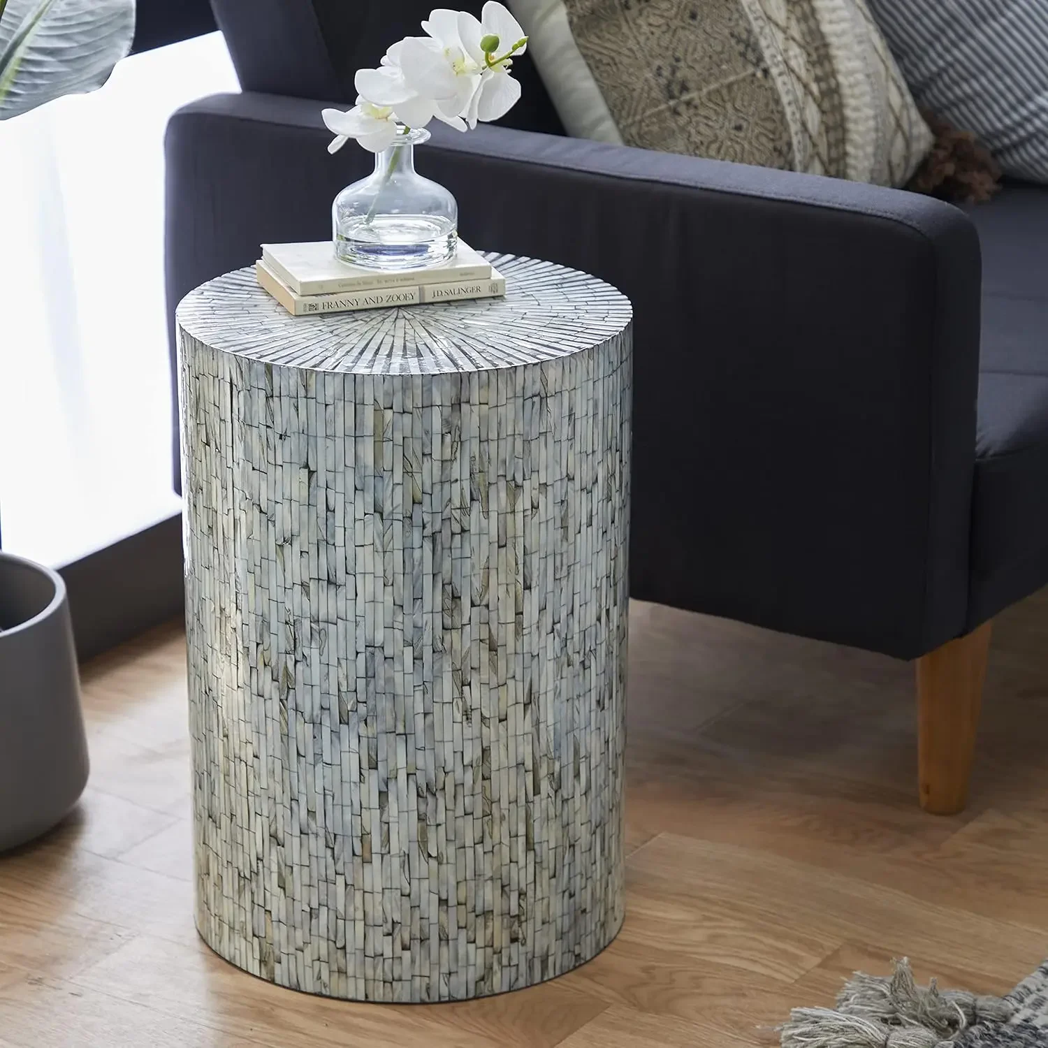 

Mother of Pearl Shell Handmade Side End Accent Table Mosaic End Table, Side Table 14" x 14" x 20", Light Blue