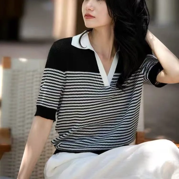 

2025 Women's Round Neck Knitted Sweater Short Sleeve Fashion Casual Ladies Tops