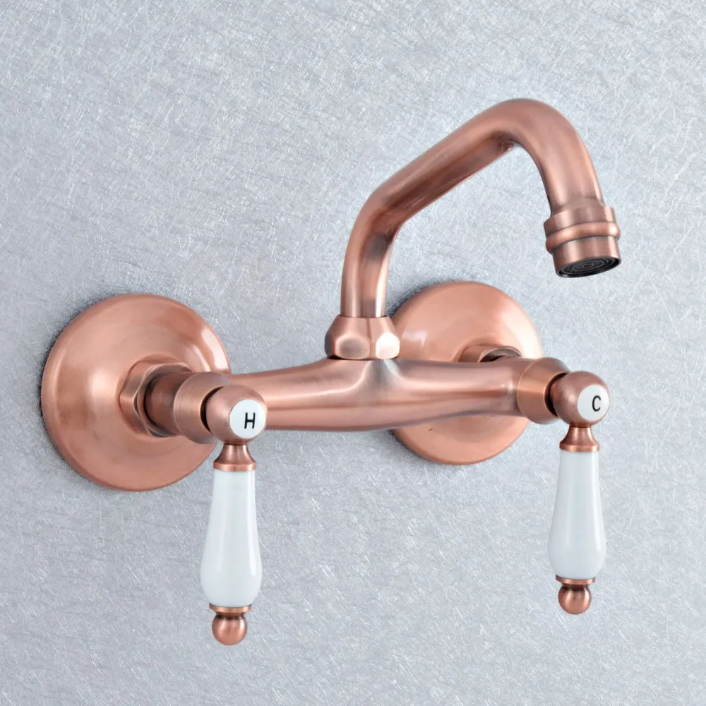 

Antique Red Copper Washbasin Faucet Wall Mounted Kitchen Sink Faucet Swivel Spout Bathroom Basin Cold Hot Water Taps Dsf898