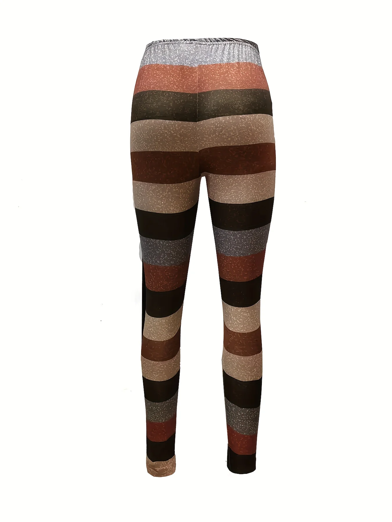 Women Fleece Lined Leggings Retro Brown Stripe Print Stretch Slim Warm Casual Pants