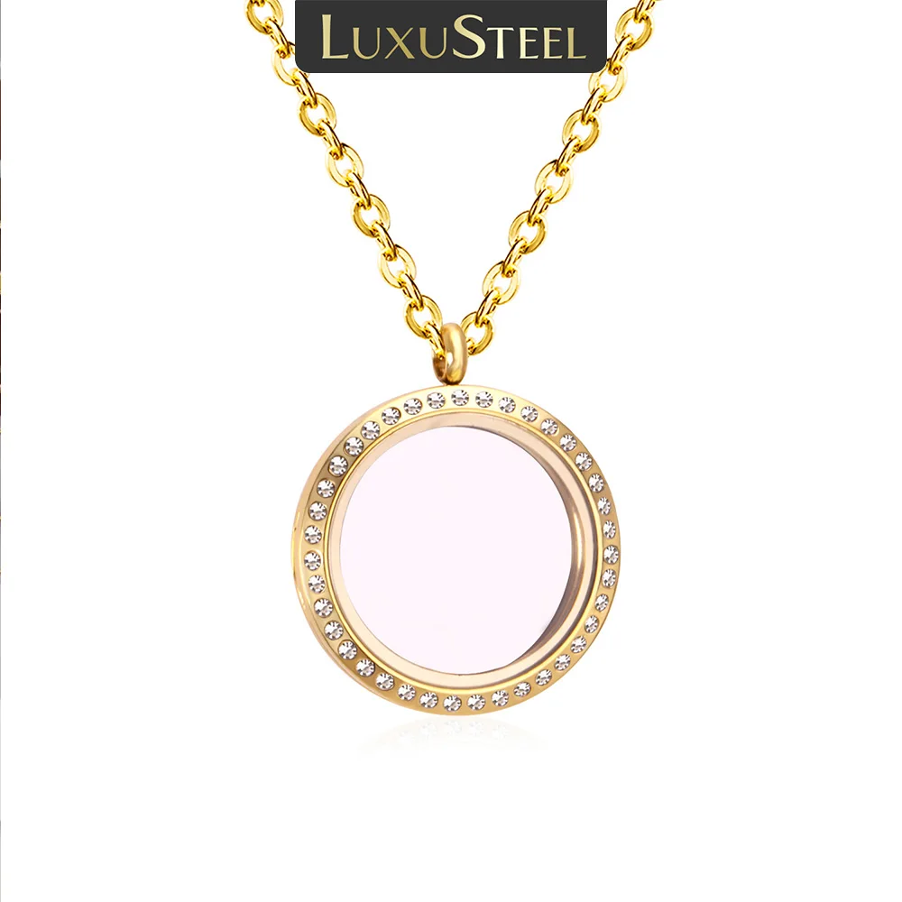 LUXUSTEEL Cubic Zirconia Pendant Necklace Golden Crystal Stainless Steel Jewelry Women Waterproof Chain Pendant