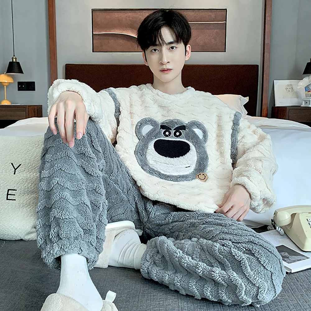 

Antistatic Thicken Flannel Men's Winter Sleepwear Cartoon Big Size Pajama Set Double-side Plush Soft Active Dyeing Pyjamas Homme