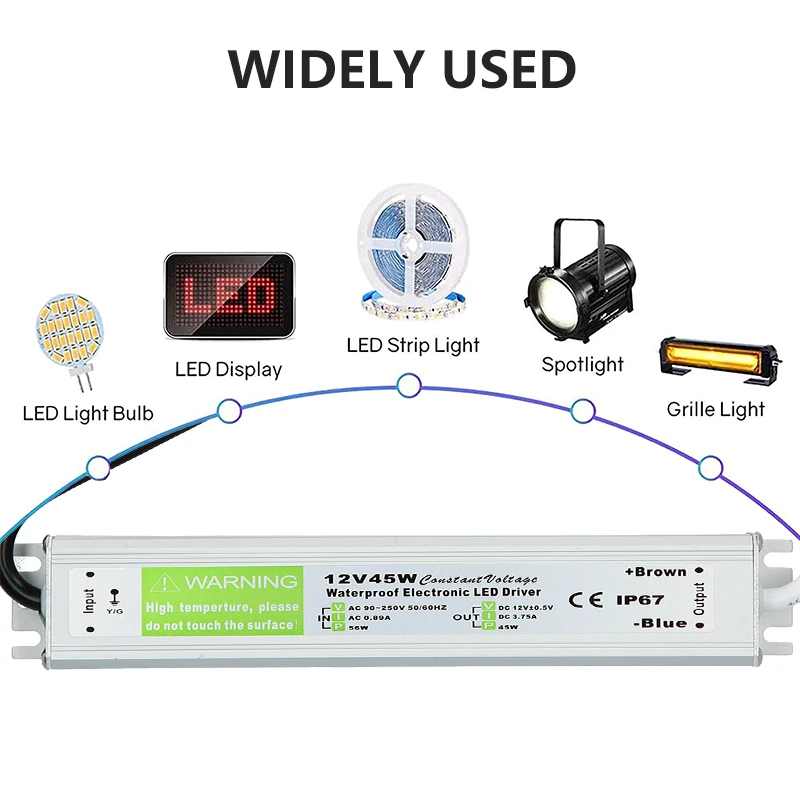 Trasformatore di illuminazione 90-250V AC a DC 12V 45W 3.75A LED Driver adattatore alluminio esterno IP67 impermeabile alimentazione elettrica di