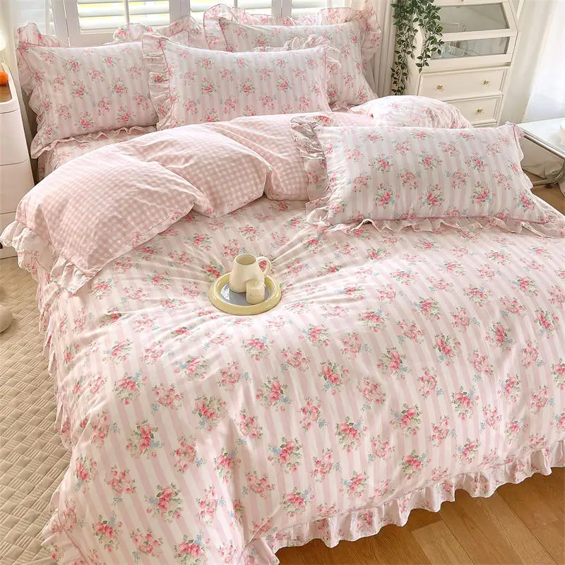 Bonenjoy-Capa de edredão cor rosa com babados, 100% algodão, estampada em flores, capa de cama para meninas, pura, cama, rei