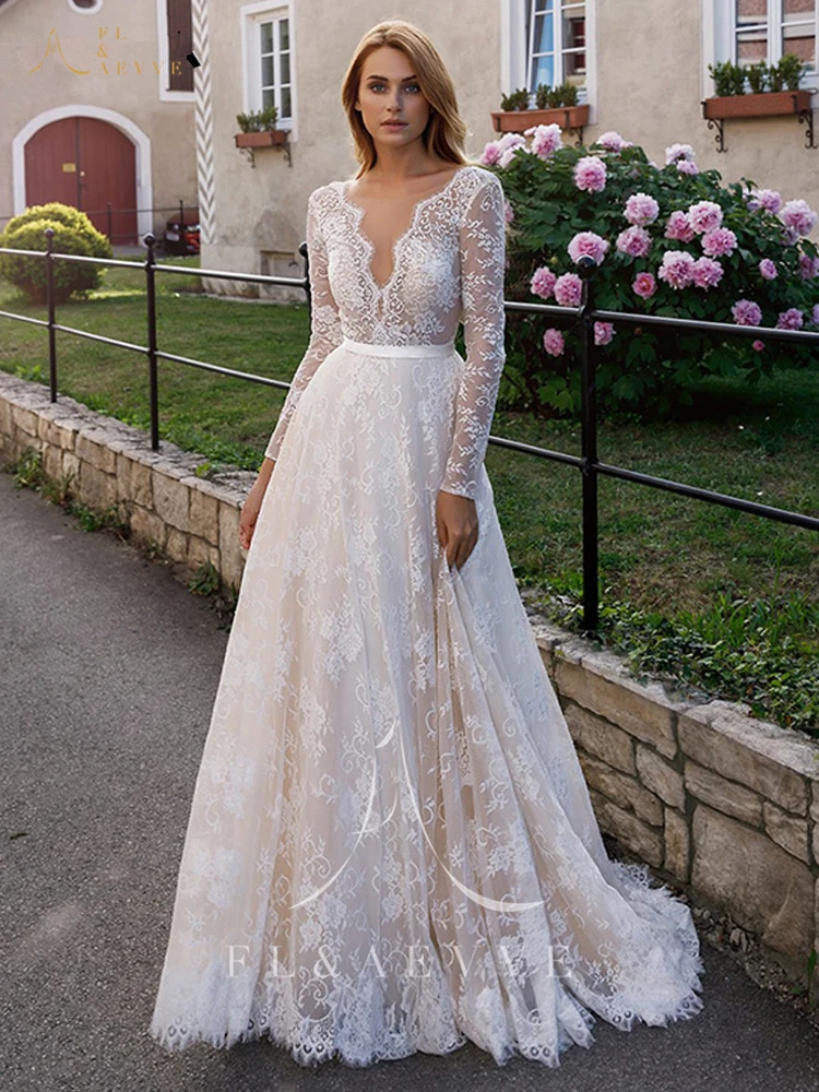 FL&AEVVE Garden Lace Wedding Dress Long Sleeve Bride Gown Customized Wedding Party Gown vestidos de novia