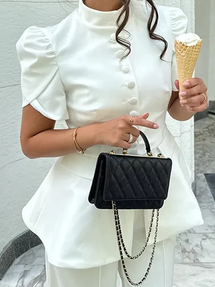 

Fashion Stand-up Collar Commuting Blouse Women Elegant Single-breasted Slimming Tops 2025 Casual Short Sleeve Solid Color Shirt