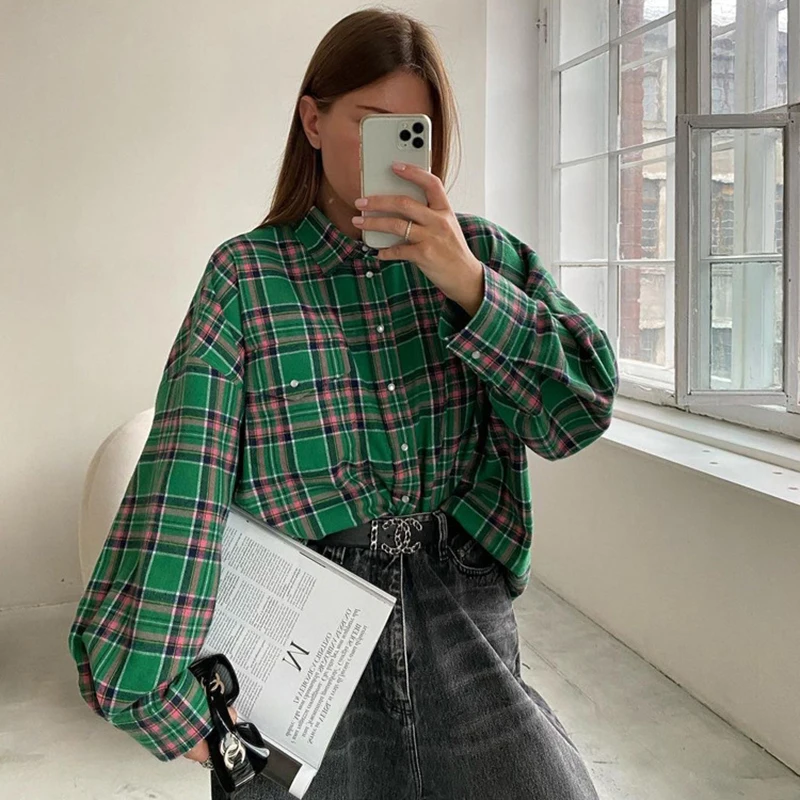 Green Vintage Plaid Shirt Women Oversize Top Long Sleeves Autumn Winter Loose Women\'s Shirt And Blouses Oversized