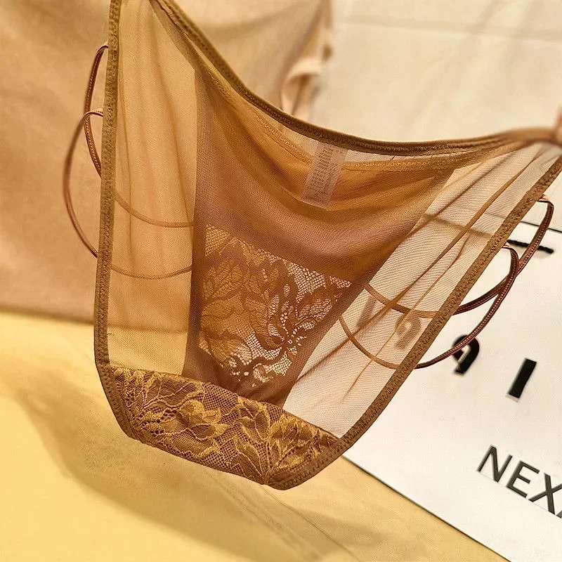 Light Luxury Ice Silk Satin Patchwork Lace Women Thin Underwear Comfortable Skin-friendly Mesh Breathable Elastic Triangle Pants