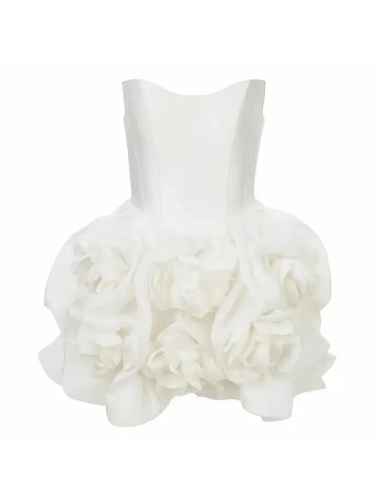 Design jantar festa 3d flores vestido para as mulheres 2024 novo verão elegância branco tubo superior mini vestido vestidos