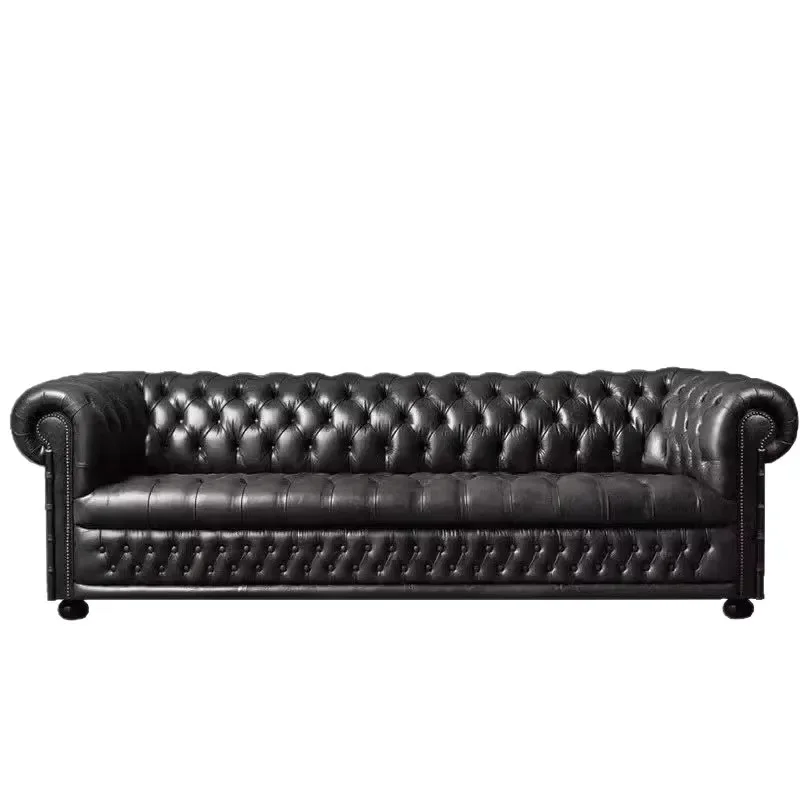 American retro leather sofa, first-layer cowhide large living room villa straight-breasted European oil wax leather sofa