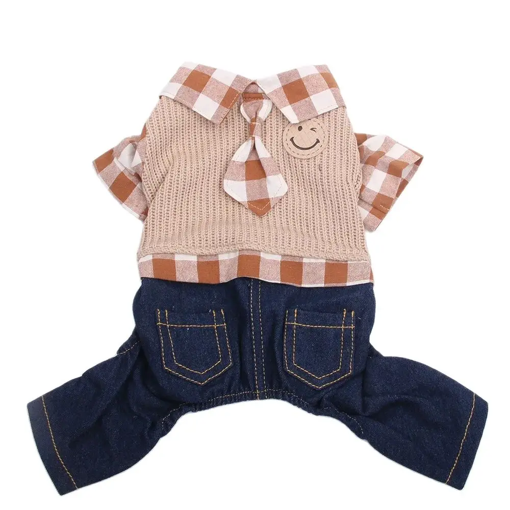 New Dog Cat Jumpsuit Sweater Plaid Bowtie Design Pet Puppy Coat Jacket Autumn/Winter Clothes Overalls