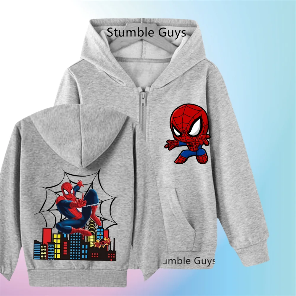 Cute Chibi Spider Graphic Zip Hoodie for Boys, Kids Zipper Hooded Sweatshirt, Comfortable Outdoor & School Wear