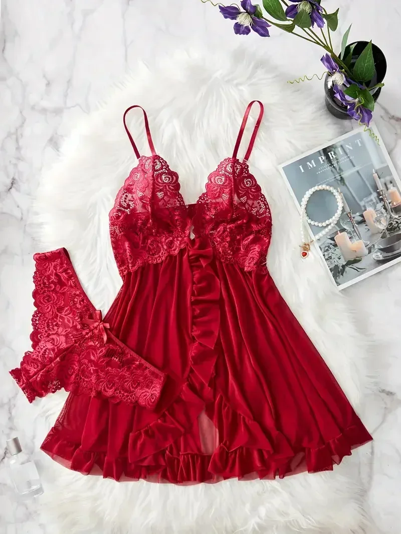 

Women Nightdress Sexy Lace Chemise Bow Nightgown Sleepwear Solid Slim Soft Dresses V Neck Full Slip Sleepwear & Dresses