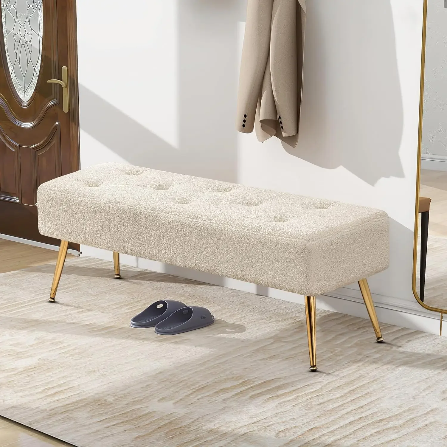 Banc ottoman moderne en fausse fourrure de 44 pouces avec cadre en métal doré pour entrée, salon, confort rembourré