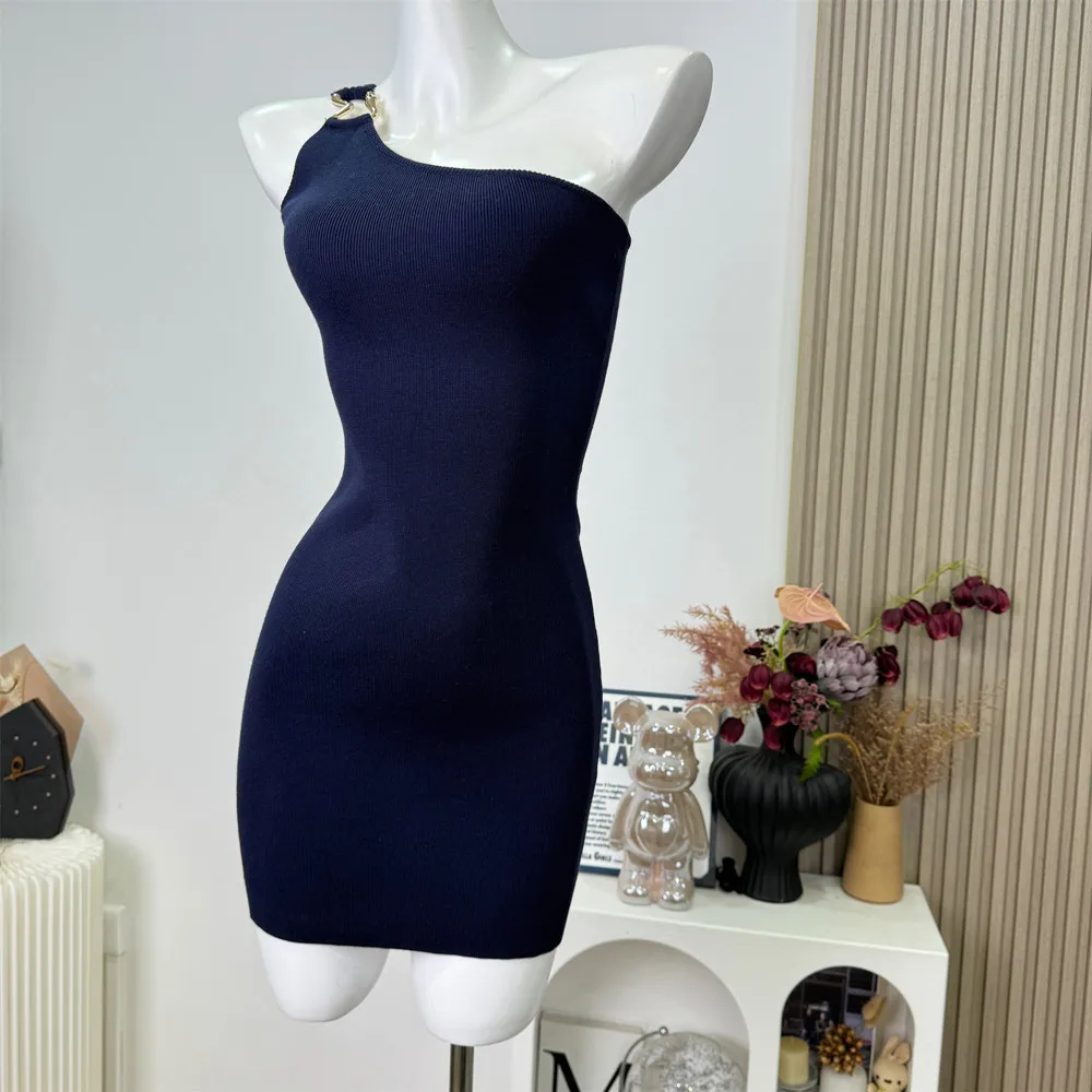 

Fashion Sexy Package Hips One Shoulder Knitted Summer Dress Women Slim Elastic Sheath Party Dress Streetwear Summer 2025