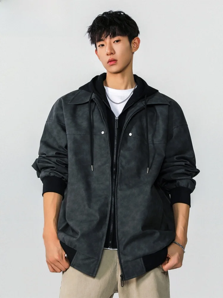 

Wassup Happy Men's Casual Hooded Leather Jaet Fake Two-Piece Street Sle Fall Winter Faion Brand High Street Leisure Coat