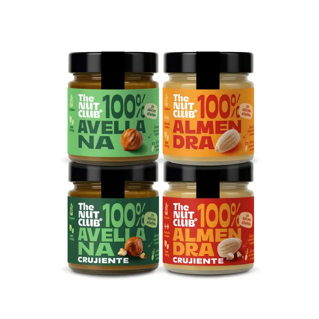 Pack Origen.  Cremas de avellana y almendra crujiente y smoothie.  El origen de The Nut Club.  100% fruto seco sin azúcares añadidos, gluten y lactosa. Cremas veganas.