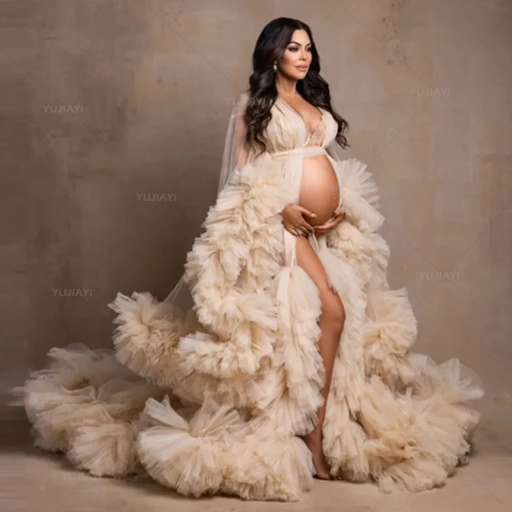 Luxury Fluffy Women's Dressing Gown Long Tulle Robe Puffy Pregnancy Maternity Dress for Baby Shower Bridal Nightgown Sleepwear