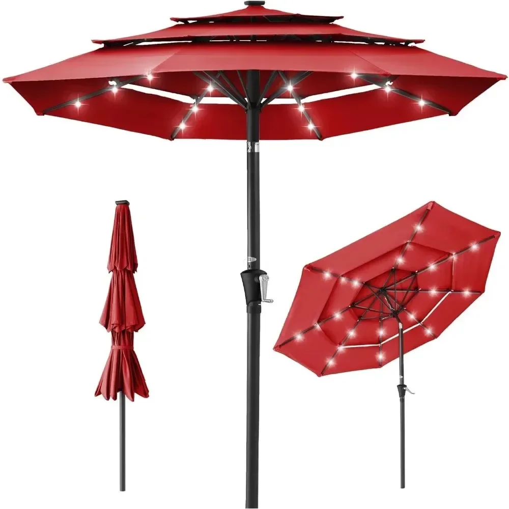 

10ft 3-Tier Solar Patio Umbrella, Outdoor Market Sun Shade for Backyard, Deck, Poolside w/ 24 LED Lights