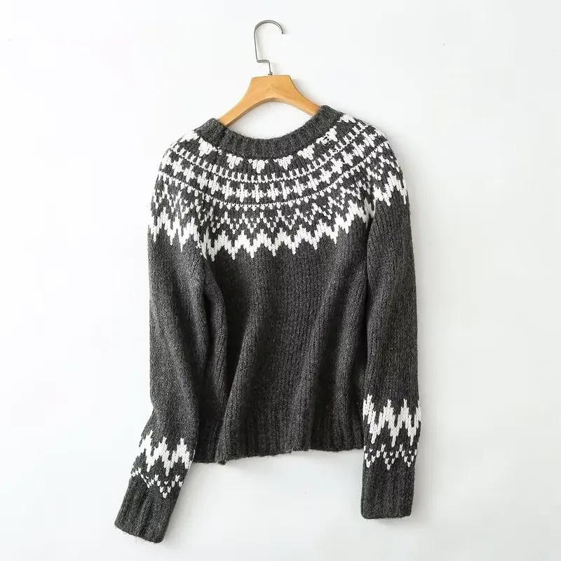 Withered Indie Folk  Geometric Jacquard Round Neck Pullovers Sweaters Women