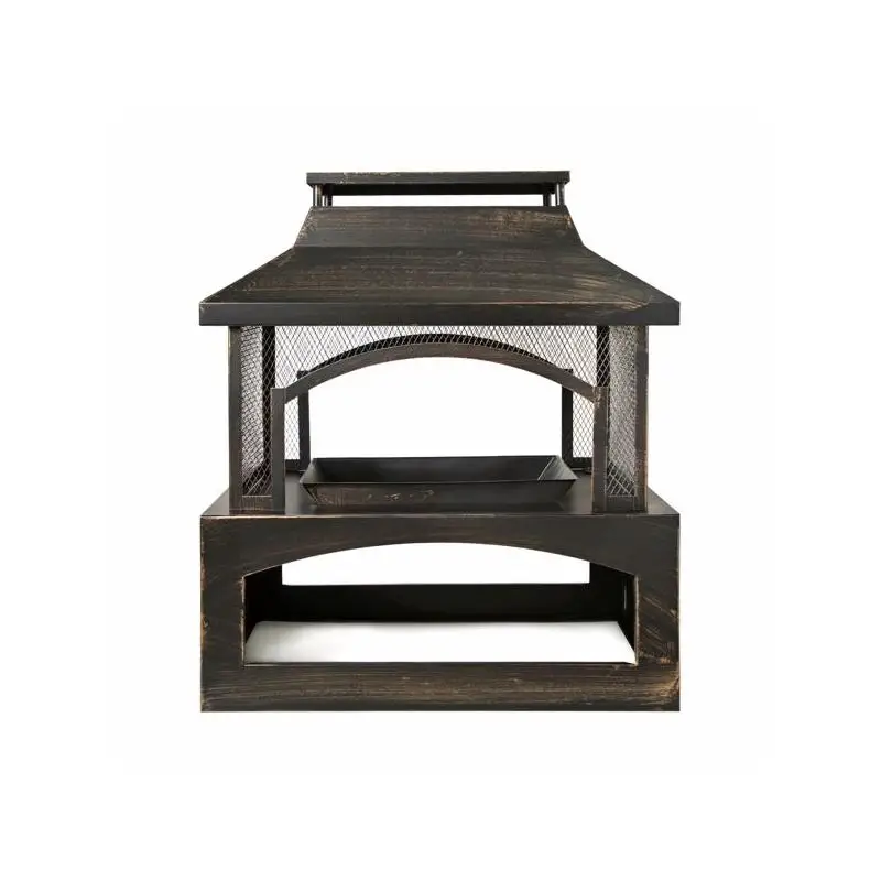 

Прямоугольный уличный дровневый камин со встроенным хранилищем бревен и покером — костра из матовой бронзы для патио, сада и