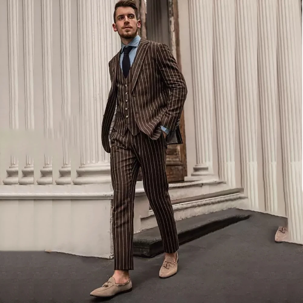 

High Quality Browns Stripe Men Suits Formal Single Breasted Notch Lapel Slim Fit 3 Piece Jacket Pants Vest Male Clothing Costume