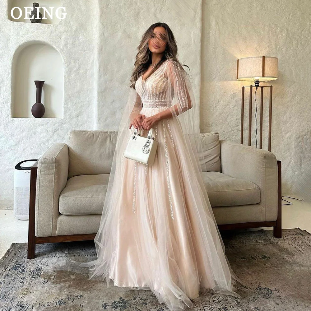 OEING Champagne Squain Beads Prom Dress Elegant Floor Length Prom Gowns Formal Occasion Gown With Cape Sleeves Vestidos De Noche