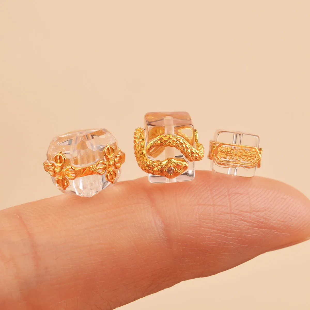 Chinese Style S925 Silver Gold Plated Natural Clear Crystal Taisui Talisman Vajra Snake Pattern Square Octagonal Spacer Beads