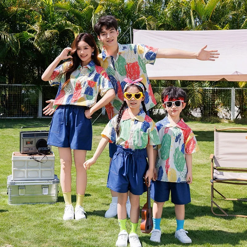 Holiday Family Matching Outfit Resort Vacation Print Shirt Dark Denim Shorts Mother Daughter Father Son Beach Camping Coordinate