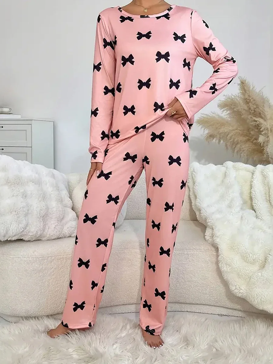 Ensemble de pyjama imprimé nœud pour femme, col rond, manches longues, taille élastique en Y, pantalon long, tenue 2 pièces, automne