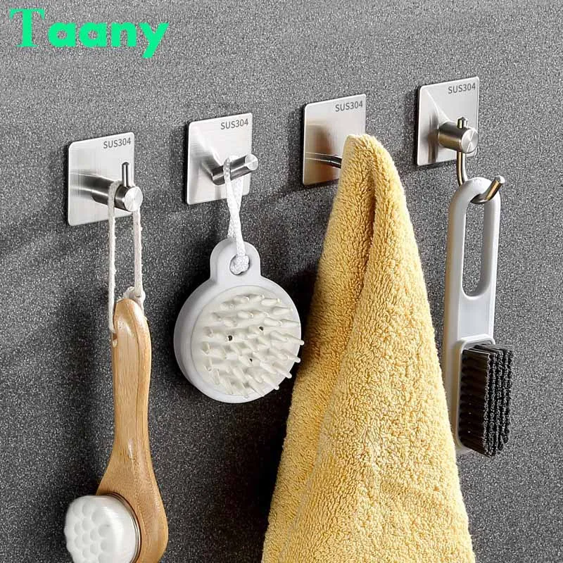 Self Adhesive Wall Hook Hanger Home Kitchen Wall Holder Hanging Hooks Key Hangers Rack Stainless Steel Towel Hooks For Bathroon
