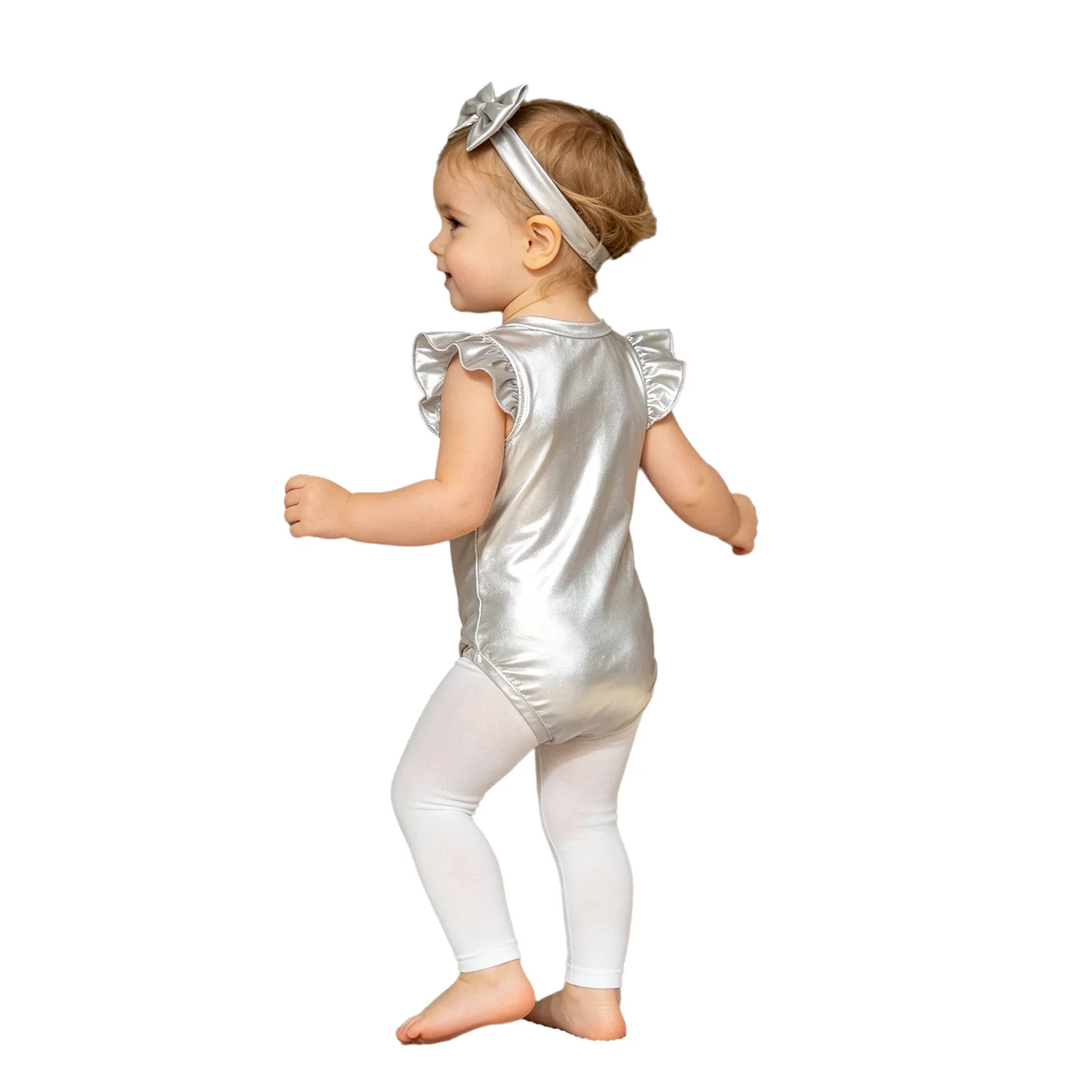 Newborn Baby Girls Clothing Birthday Party Photography Outfits Ruffled Sleeves Metallic Shiny Romper with Bow Headband 0-24M