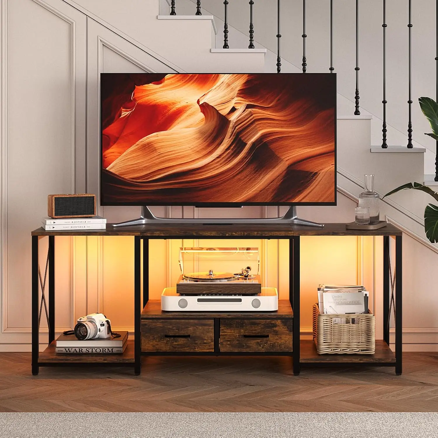 

LED TV Stand with 2 Fabric Drawer - 55" Industrial TV Console Table with Open Storage Shelves for Living, Customized