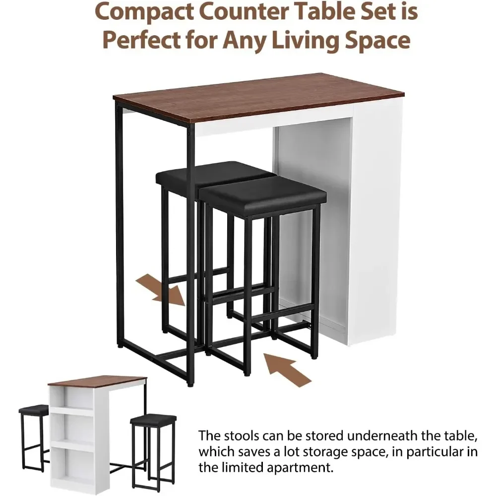 3 Piece Dining Table Set Kitchen Bar Table with Two Stool Storage Racks, Wooden Counter Height Tabletop