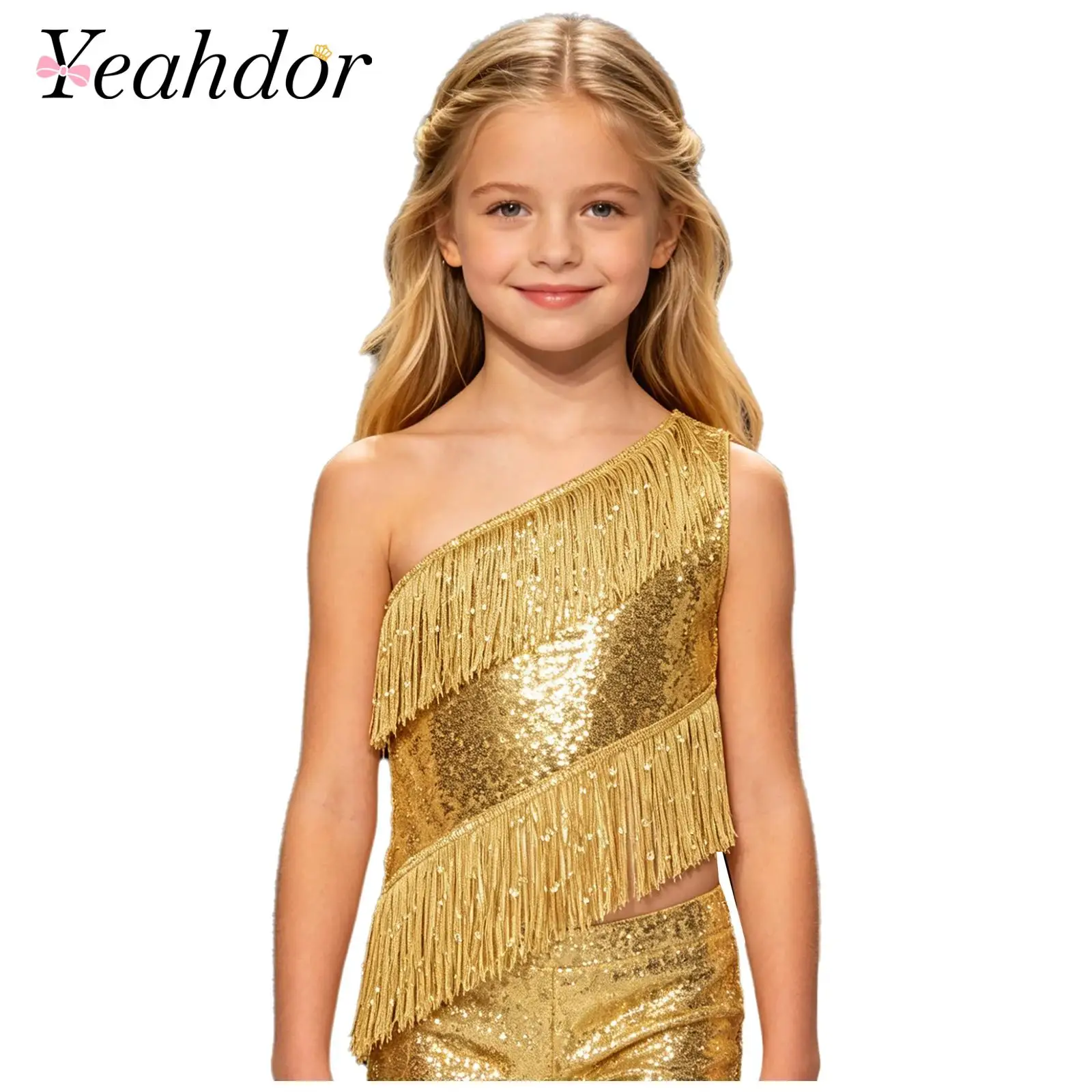 Kids Girls Sequined Tank Tops Jazz Latin Dance Costume Asymmetrical Crop Top One Shoulder Sleeveless Tassel Top Vest Dance Top