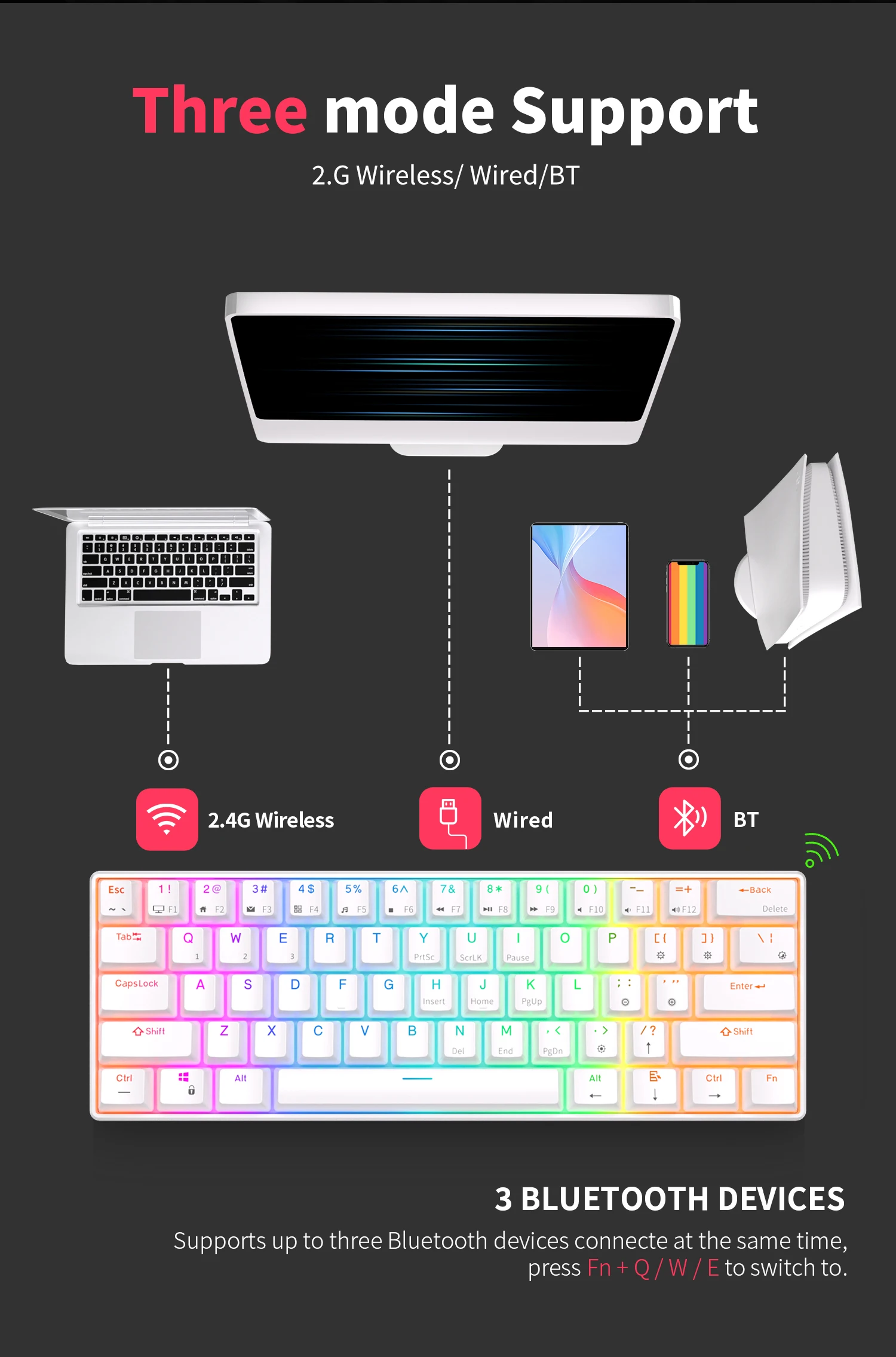 RK ROYAL KLUDGE RK61 trimodo BT5.0/ 2,4G/ USB teclado mecánico español 60% 61 teclas RGB teclado inalámbrico Bluetooth intercambiable en caliente