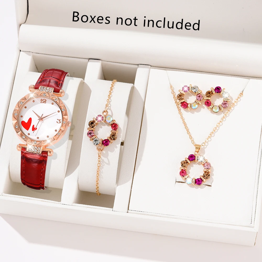 Red Women Watch 5PCS/Set Leather Strap Quartz Wristwatch Red Heart Laser Face Dial Watch Heart Alloy Jewelry Set Gift For Mom