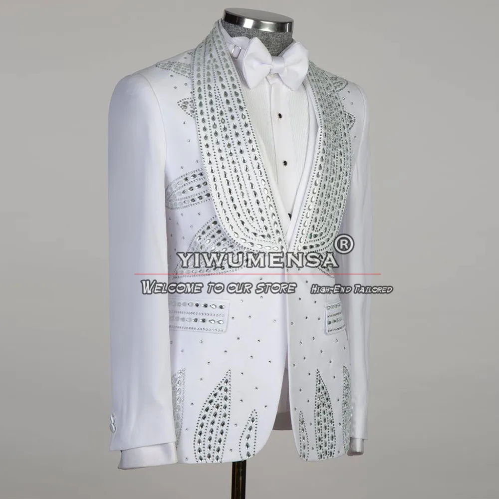 Exclusive Groom Wedding Suits Sliver Crystals Beaded Prom Blazer Customized Shawl Lapel Men't Tuxedos 3 Pieces Set Man Clothing