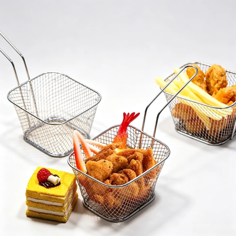 Square Stainless Steel Fry Basket with Handle French Fries Frying Basket Oil‑Draining Mesh Basket for Home Restaurant