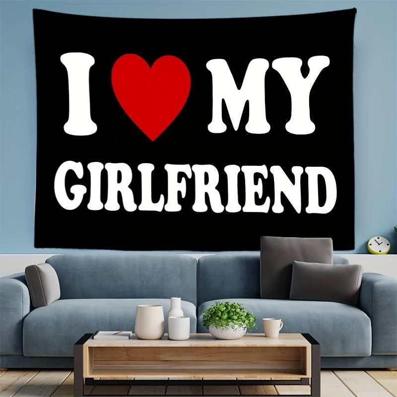 2D Flat I Love My Girlfriend Heart Pattern Wall Tapestry - 1pc Funny Couple Hanging Polyester Love Tapestry Blanket For Bedroom