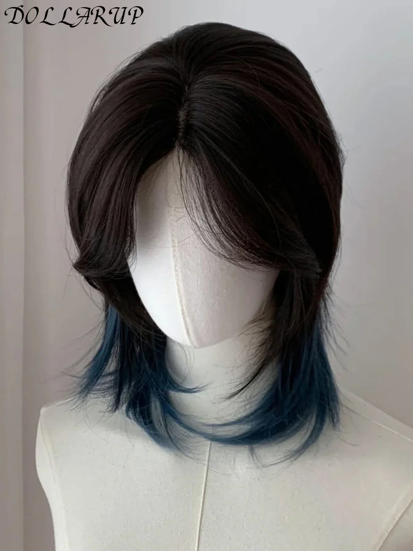 DOLLARUP Black blue Layered Mullet Head Short Straight Synthetic Wig Lolita Cosplay Fluffy Wolf Tailed Wig for Daily Party