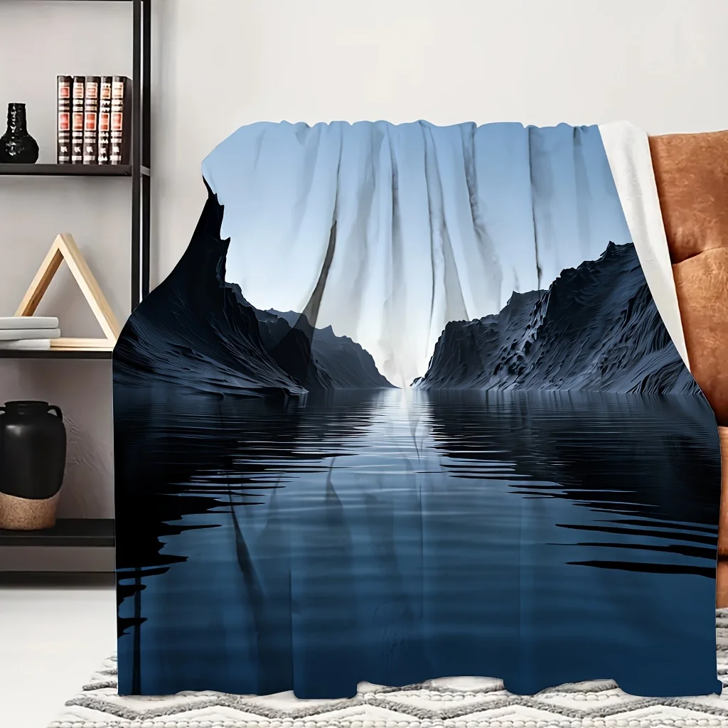 1pc Deep Mountain Calm Lake Scenery Print Flannel Blanket, Portable And Skin-Friendly, Suitable for Blankets, Kid Bed Covers, Li
