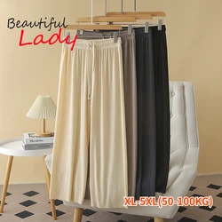 XL-5XL 50-100kg Plus Large Size Ice Silk Wide Leg Pants Women Summer High Waist Pants Woman Black Thin Fabric Mom Trousers